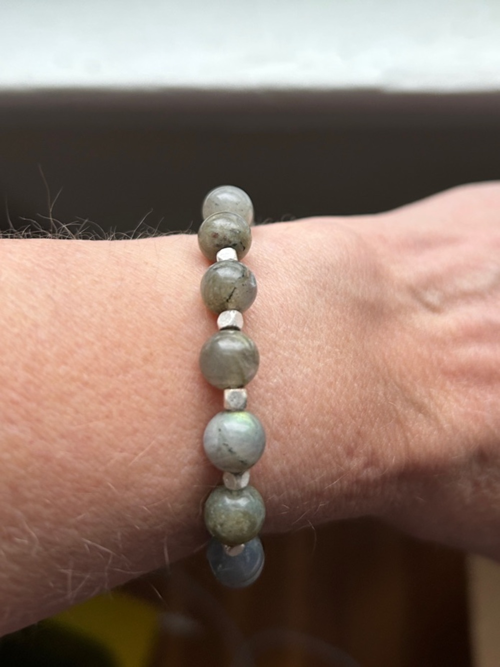 Hand Crafted Labradorite Beaded Bracelet - Gray Green with Silver Accents